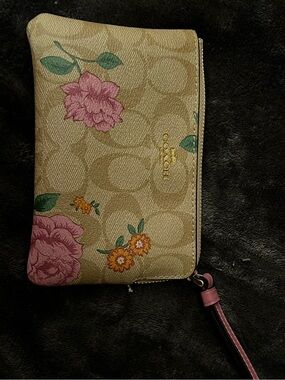 Coach Beige Floral Zip Wristlet with Pink and Green Accents